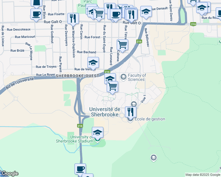 map of restaurants, bars, coffee shops, grocery stores, and more near 2500 Boulevard de l'Université in Sherbrooke
