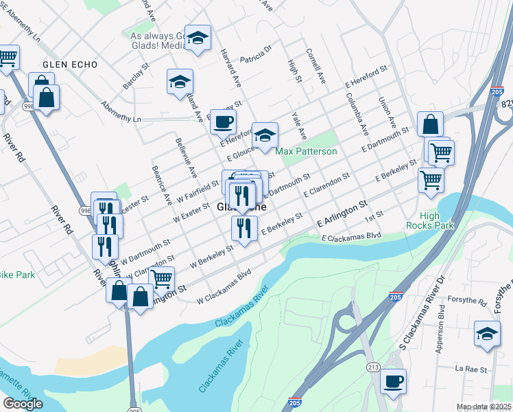 map of restaurants, bars, coffee shops, grocery stores, and more near 170 East Dartmouth Street in Gladstone