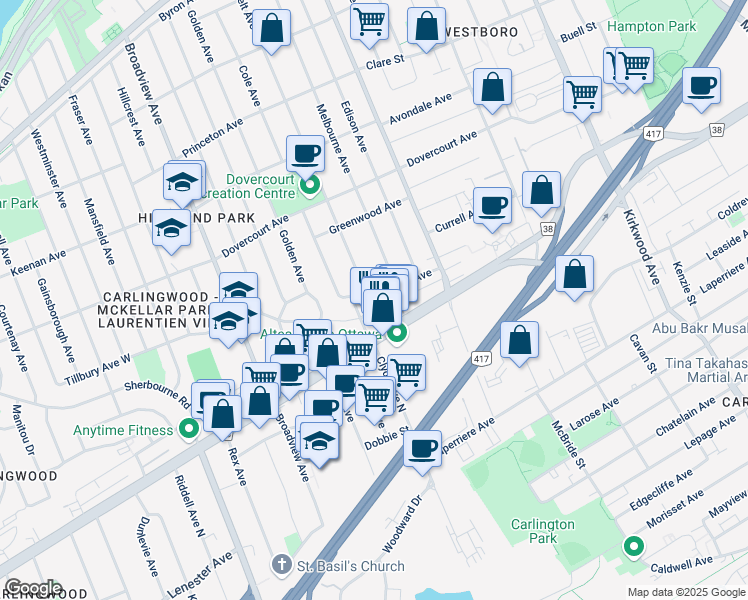 map of restaurants, bars, coffee shops, grocery stores, and more near 401 Tillbury Avenue in Ottawa