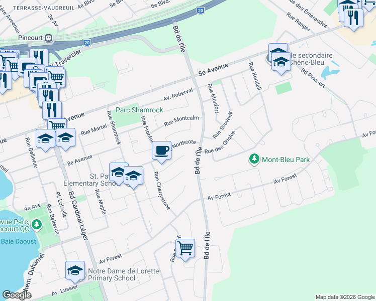 map of restaurants, bars, coffee shops, grocery stores, and more near 190 Place Thorncliffe in Pincourt