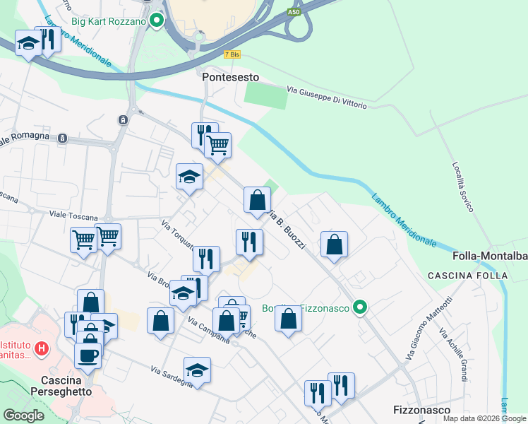 map of restaurants, bars, coffee shops, grocery stores, and more near 6 Via C. Porta in Rozzano