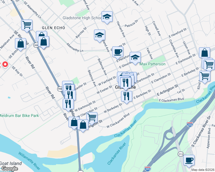 map of restaurants, bars, coffee shops, grocery stores, and more near 220 West Exeter Street in Gladstone