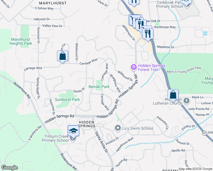 map of restaurants, bars, coffee shops, grocery stores, and more near 2921 Ascot Circle in West Linn