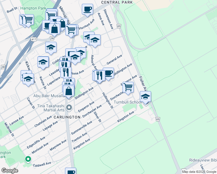map of restaurants, bars, coffee shops, grocery stores, and more near in Ottawa