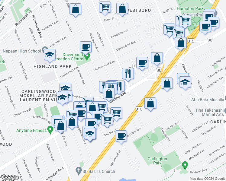 map of restaurants, bars, coffee shops, grocery stores, and more near in Ottawa