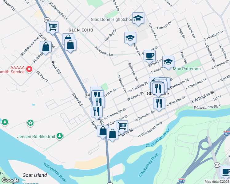 map of restaurants, bars, coffee shops, grocery stores, and more near 365 West Gloucester Street in Gladstone