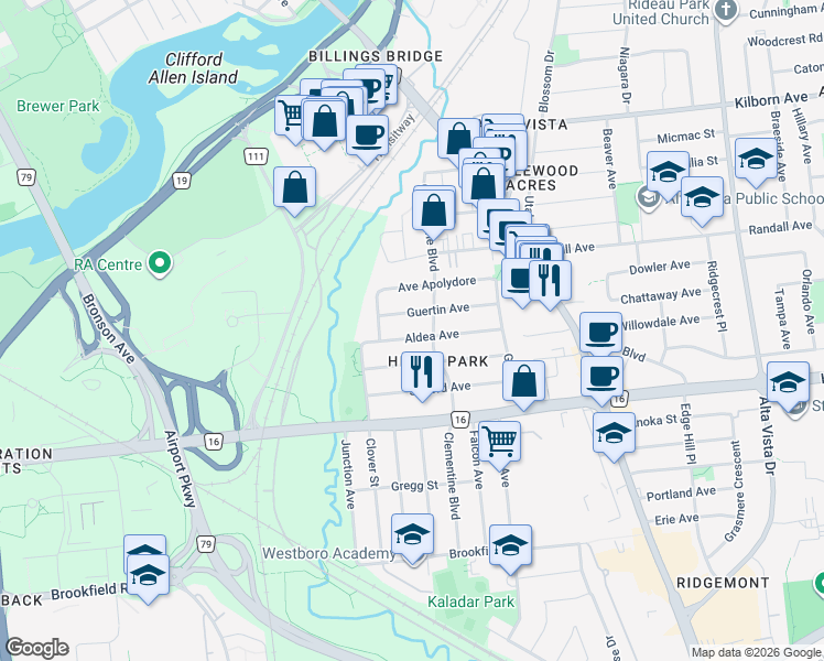 map of restaurants, bars, coffee shops, grocery stores, and more near 1071 Aldea Avenue in Ottawa
