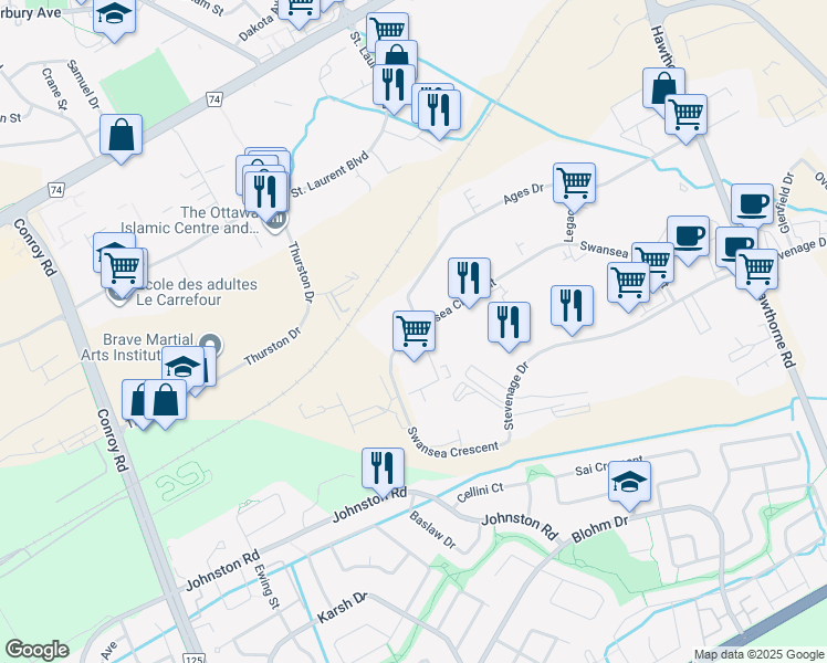 map of restaurants, bars, coffee shops, grocery stores, and more near 2799 Swansea Crescent in Ottawa