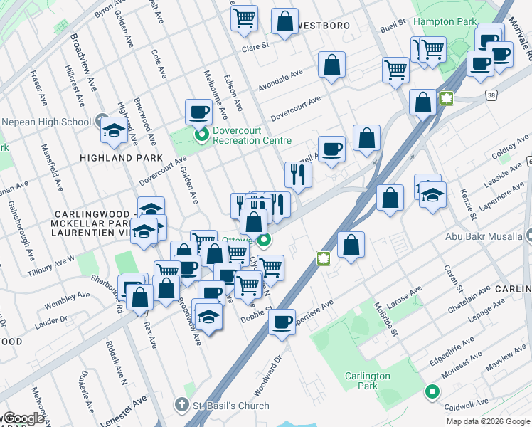 map of restaurants, bars, coffee shops, grocery stores, and more near 376 Tillbury Avenue in Ottawa