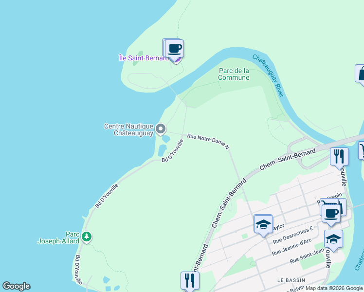 map of restaurants, bars, coffee shops, grocery stores, and more near 549 Boulevard D'Youville in Châteauguay