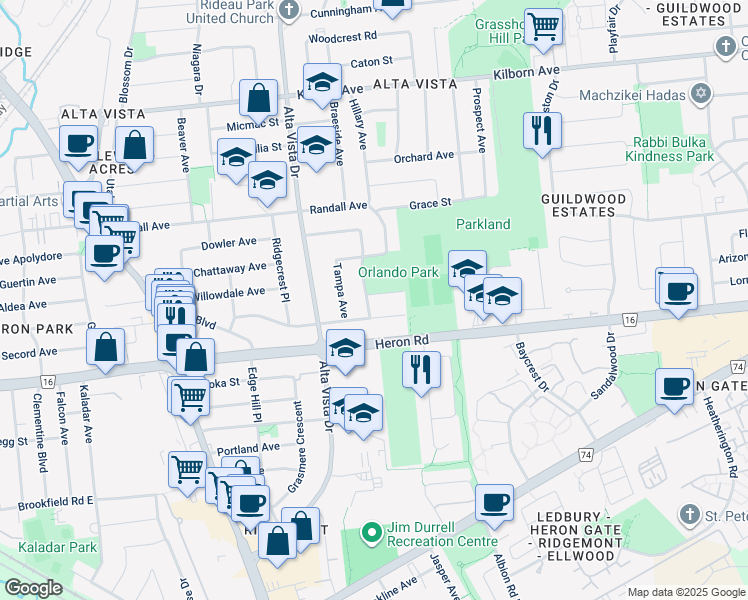 map of restaurants, bars, coffee shops, grocery stores, and more near 1380 Gibson Street in Ottawa