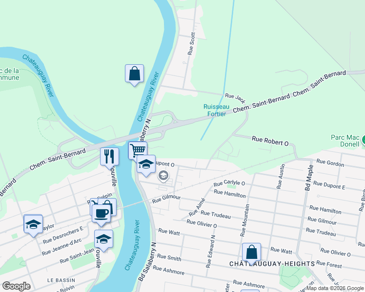 map of restaurants, bars, coffee shops, grocery stores, and more near Rue Richardson in Beauharnois