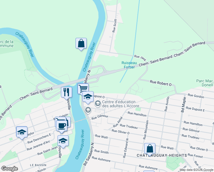 map of restaurants, bars, coffee shops, grocery stores, and more near Rue Richardson in Beauharnois