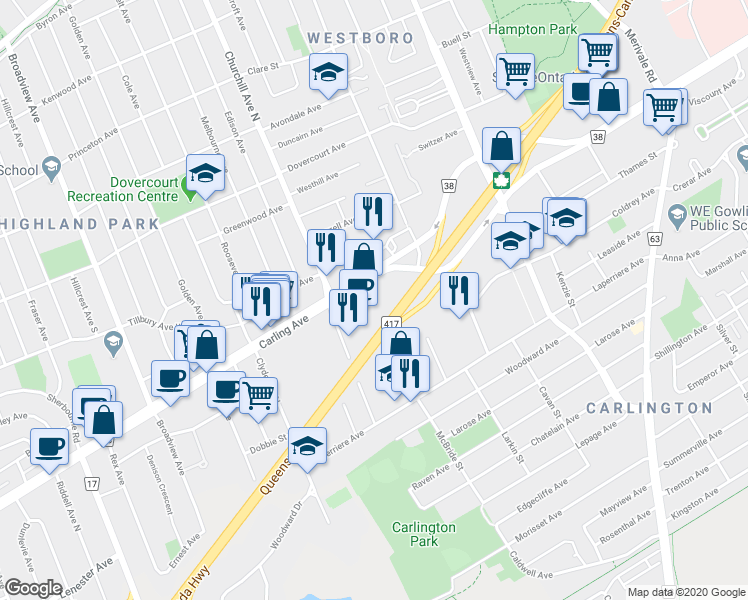 map of restaurants, bars, coffee shops, grocery stores, and more near in Ottawa