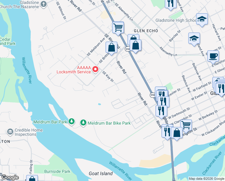 map of restaurants, bars, coffee shops, grocery stores, and more near 5210 Southeast Rinearson Road in Portland