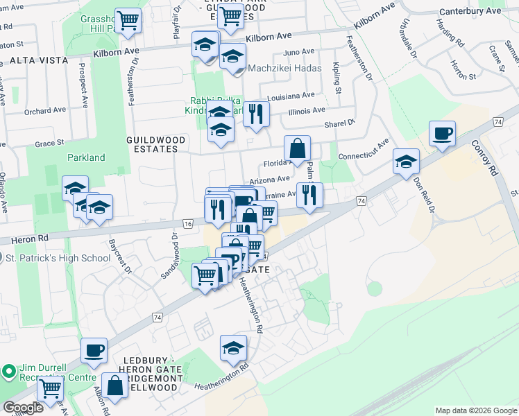 map of restaurants, bars, coffee shops, grocery stores, and more near 1828 Lorraine Avenue in Ottawa
