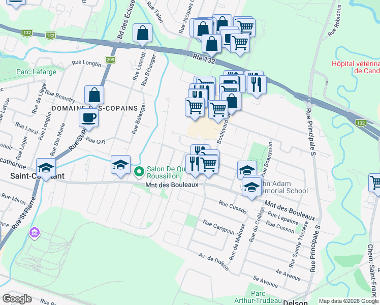 map of restaurants, bars, coffee shops, grocery stores, and more near 25 Rue du Sentier in Saint-Constant