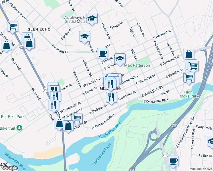 map of restaurants, bars, coffee shops, grocery stores, and more near in Gladstone