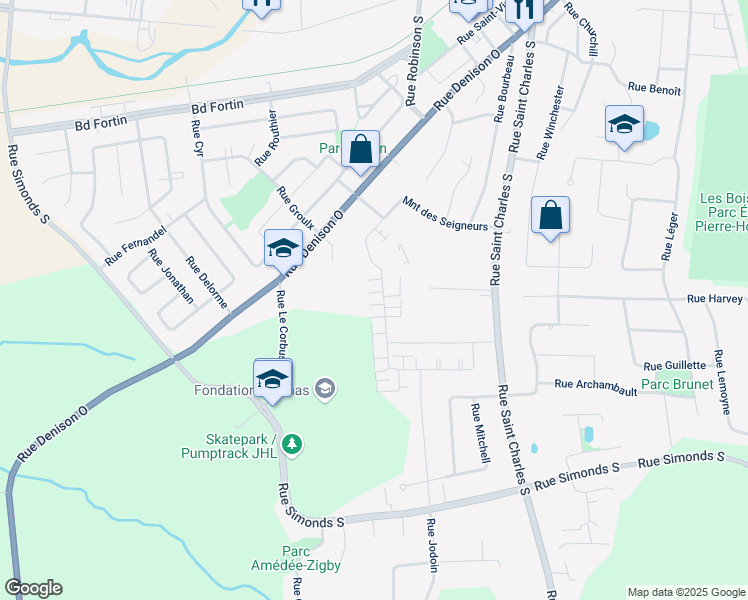 map of restaurants, bars, coffee shops, grocery stores, and more near 633 Montée des Seigneurs in Granby