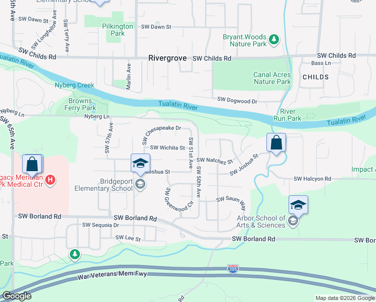 map of restaurants, bars, coffee shops, grocery stores, and more near 19200 Southwest 51st Avenue in Tualatin