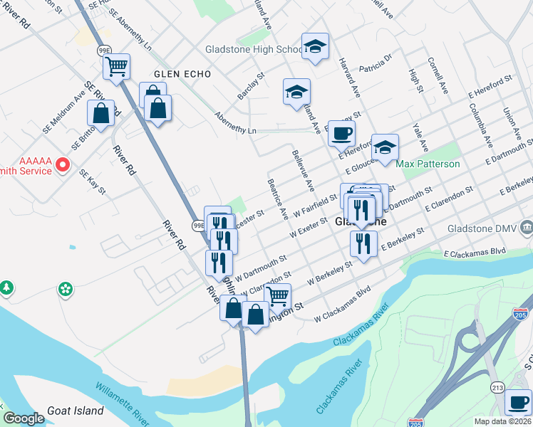 map of restaurants, bars, coffee shops, grocery stores, and more near 345 West Gloucester Street in Gladstone