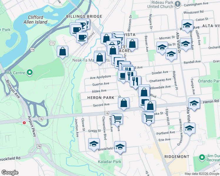 map of restaurants, bars, coffee shops, grocery stores, and more near 1123 Aldea Avenue in Ottawa