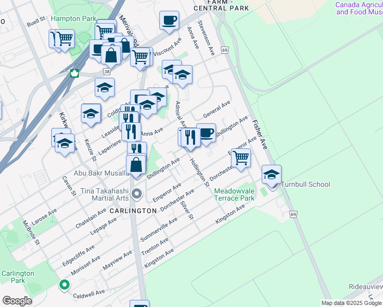 map of restaurants, bars, coffee shops, grocery stores, and more near 1224 Shillington Avenue in Ottawa
