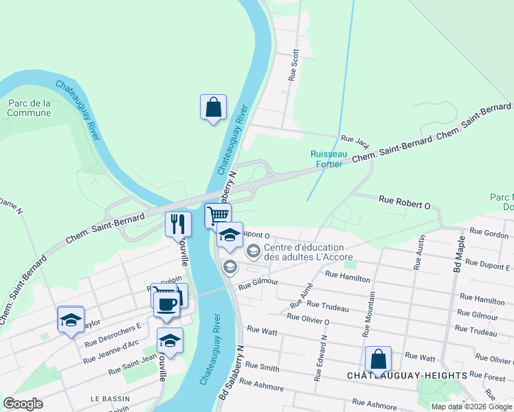 map of restaurants, bars, coffee shops, grocery stores, and more near Rue Richardson in Beauharnois