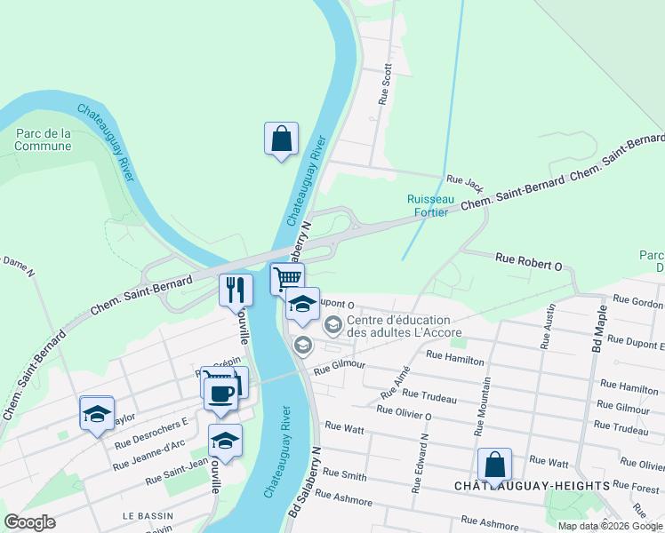 map of restaurants, bars, coffee shops, grocery stores, and more near Rue Richardson in Beauharnois