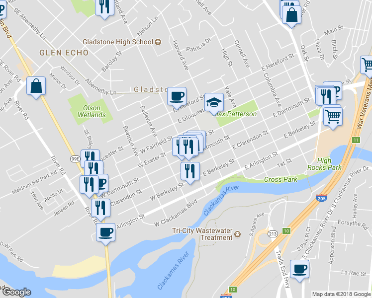 map of restaurants, bars, coffee shops, grocery stores, and more near in Gladstone