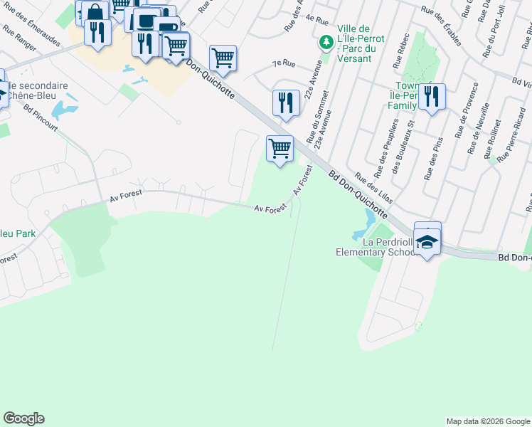 map of restaurants, bars, coffee shops, grocery stores, and more near 659 Avenue Forest in Pincourt