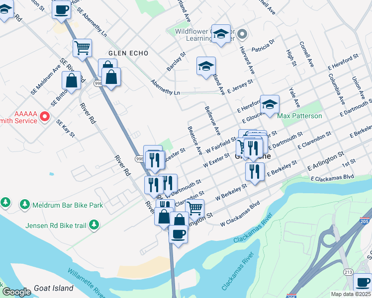 map of restaurants, bars, coffee shops, grocery stores, and more near 365 West Hereford Street in Gladstone