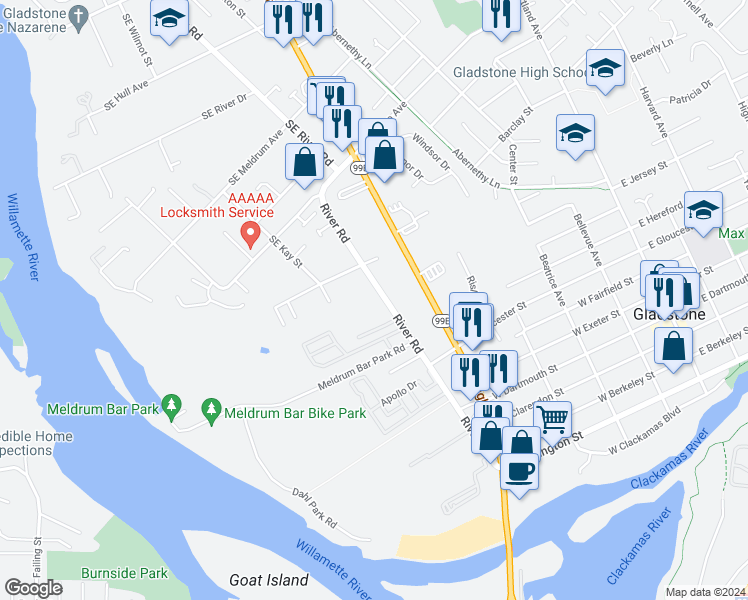 map of restaurants, bars, coffee shops, grocery stores, and more near 19535 River Road in Gladstone