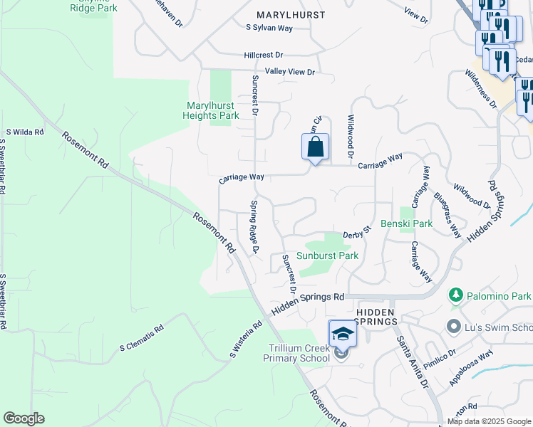 map of restaurants, bars, coffee shops, grocery stores, and more near 19720 Spring Ridge Drive in West Linn
