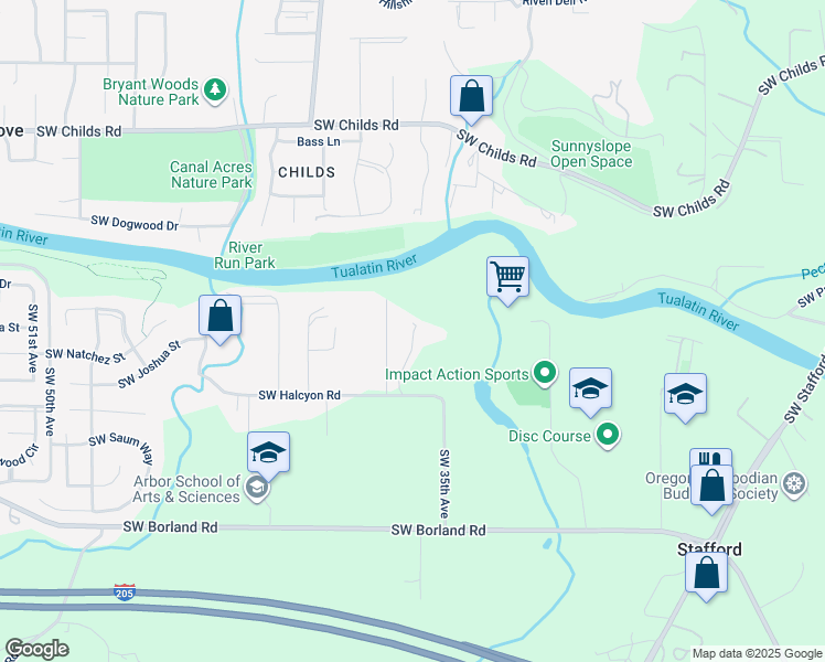 map of restaurants, bars, coffee shops, grocery stores, and more near 3575 Southwest Halcyon Road in Tualatin