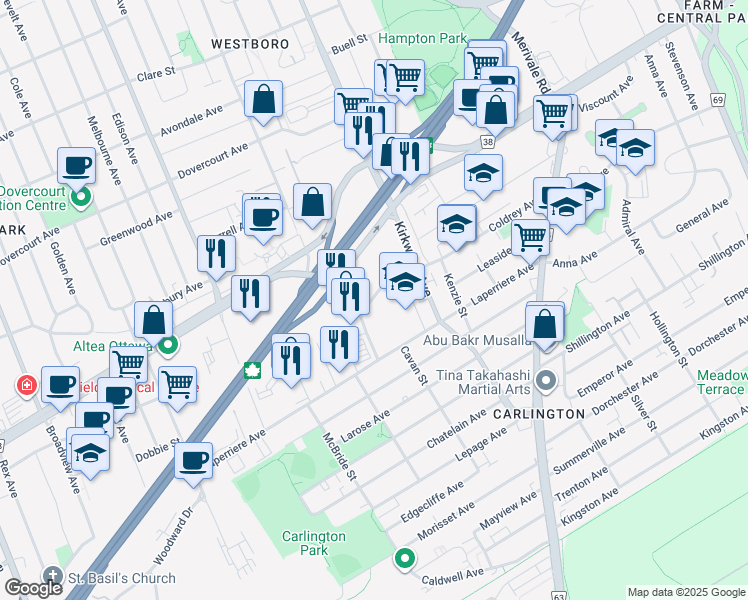map of restaurants, bars, coffee shops, grocery stores, and more near 1550 Carling Avenue in Ottawa