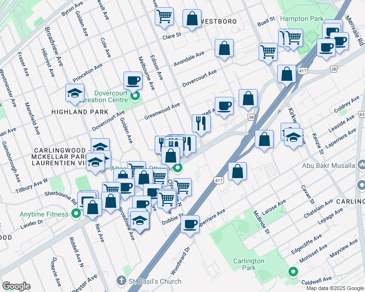 map of restaurants, bars, coffee shops, grocery stores, and more near in Ottawa