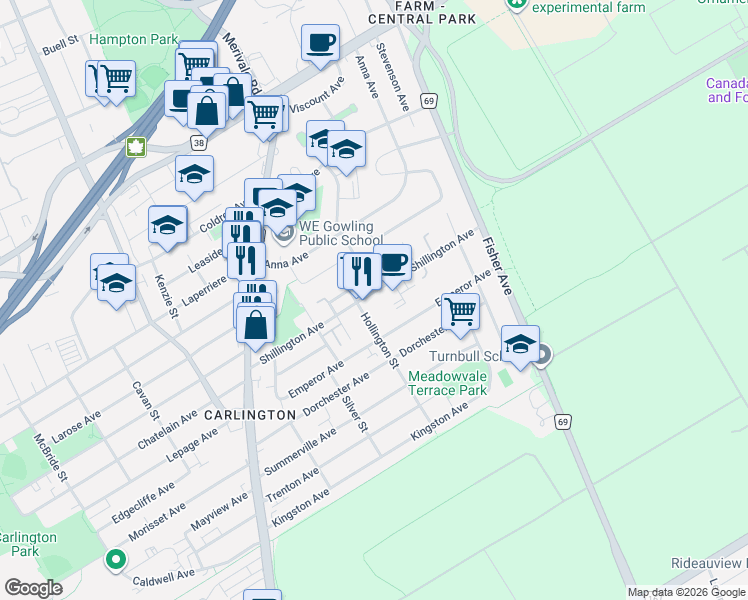 map of restaurants, bars, coffee shops, grocery stores, and more near 1216 Shillington Avenue in Ottawa