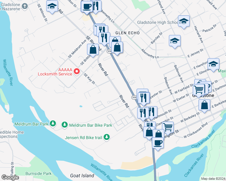 map of restaurants, bars, coffee shops, grocery stores, and more near 19535 River Road in Gladstone
