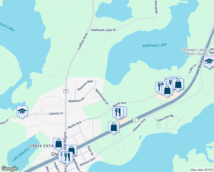 map of restaurants, bars, coffee shops, grocery stores, and more near 28995 Sportsman Drive in Chisago City
