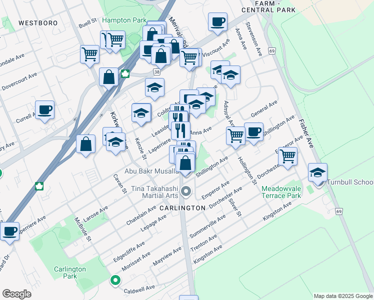 map of restaurants, bars, coffee shops, grocery stores, and more near 958 Merivale Road in Ottawa