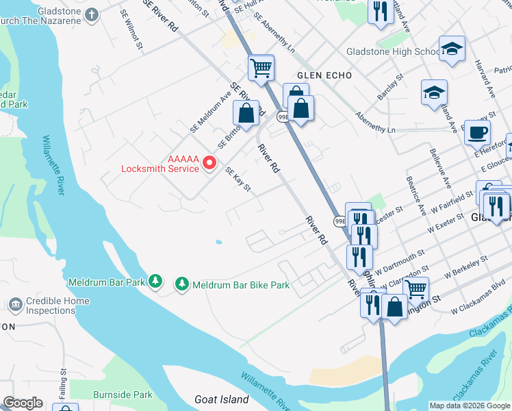 map of restaurants, bars, coffee shops, grocery stores, and more near 5228 Southeast Rinearson Road in Portland