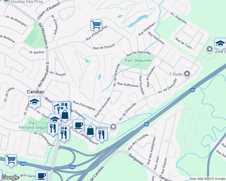 map of restaurants, bars, coffee shops, grocery stores, and more near Rue De Deauville in Candiac