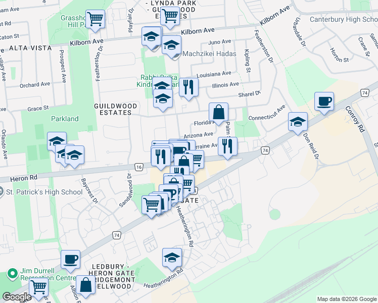 map of restaurants, bars, coffee shops, grocery stores, and more near 1828 Lorraine Avenue in Ottawa
