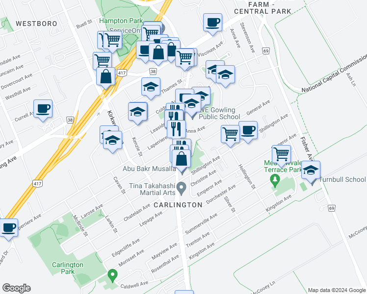 map of restaurants, bars, coffee shops, grocery stores, and more near 989 Merivale Road in Ottawa