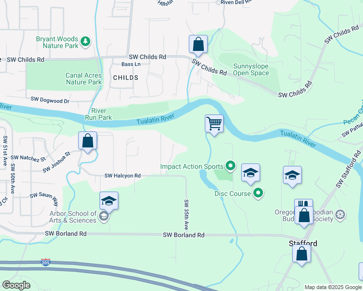 map of restaurants, bars, coffee shops, grocery stores, and more near 3575 SW Halcyon Rd in Tualatin