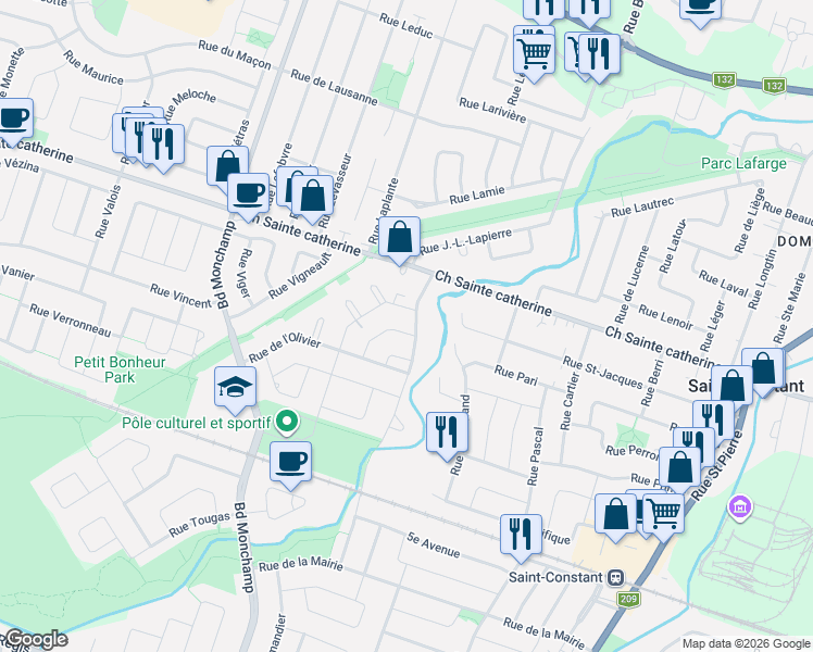 map of restaurants, bars, coffee shops, grocery stores, and more near 1 B Rue Ouellette in Saint-Constant