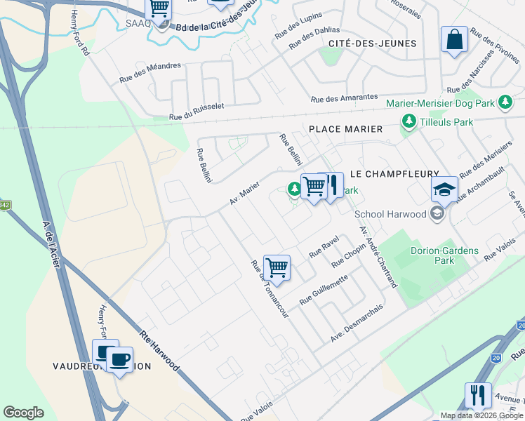 map of restaurants, bars, coffee shops, grocery stores, and more near 145 Rue Schubert in Vaudreuil-Dorion