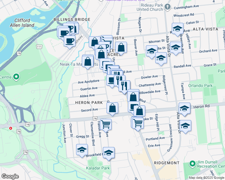 map of restaurants, bars, coffee shops, grocery stores, and more near 1500 Bank Street in Ottawa