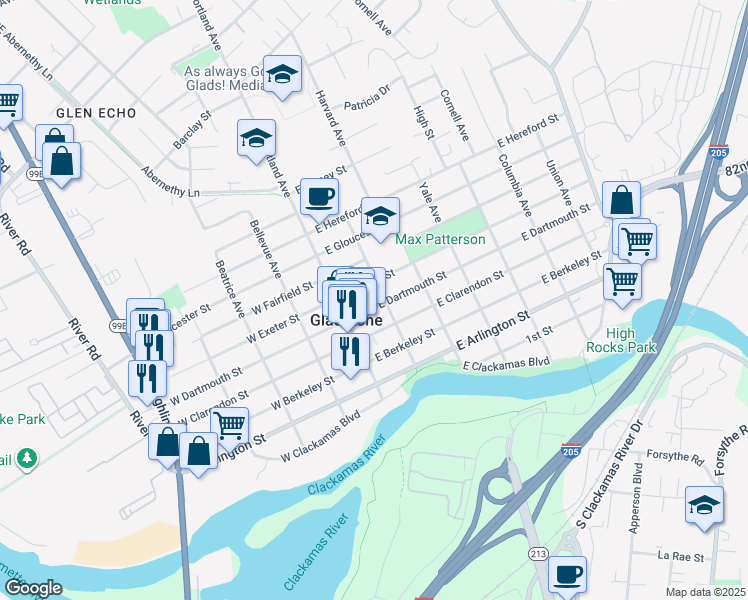 map of restaurants, bars, coffee shops, grocery stores, and more near 170 East Dartmouth Street in Gladstone